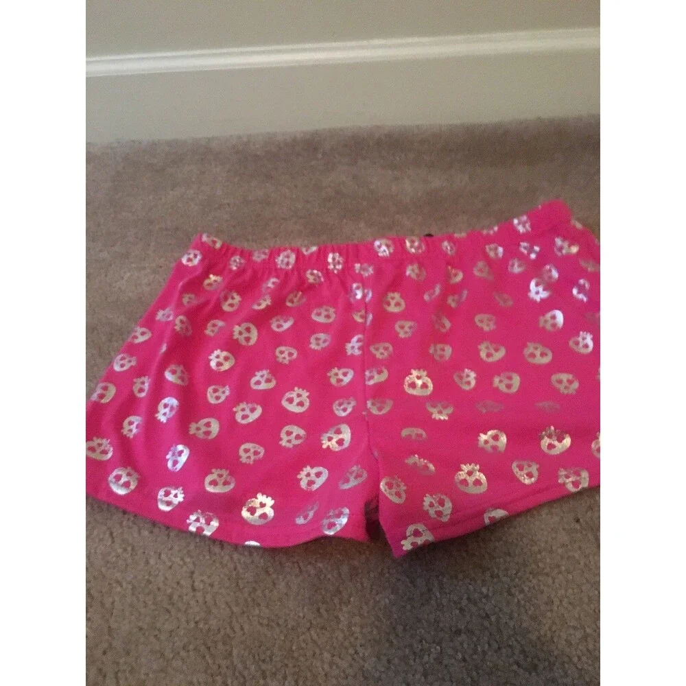 Justice Girls Pink Silver Skull Theme Pajamas Lounge Shorts Regular Fit Size 20